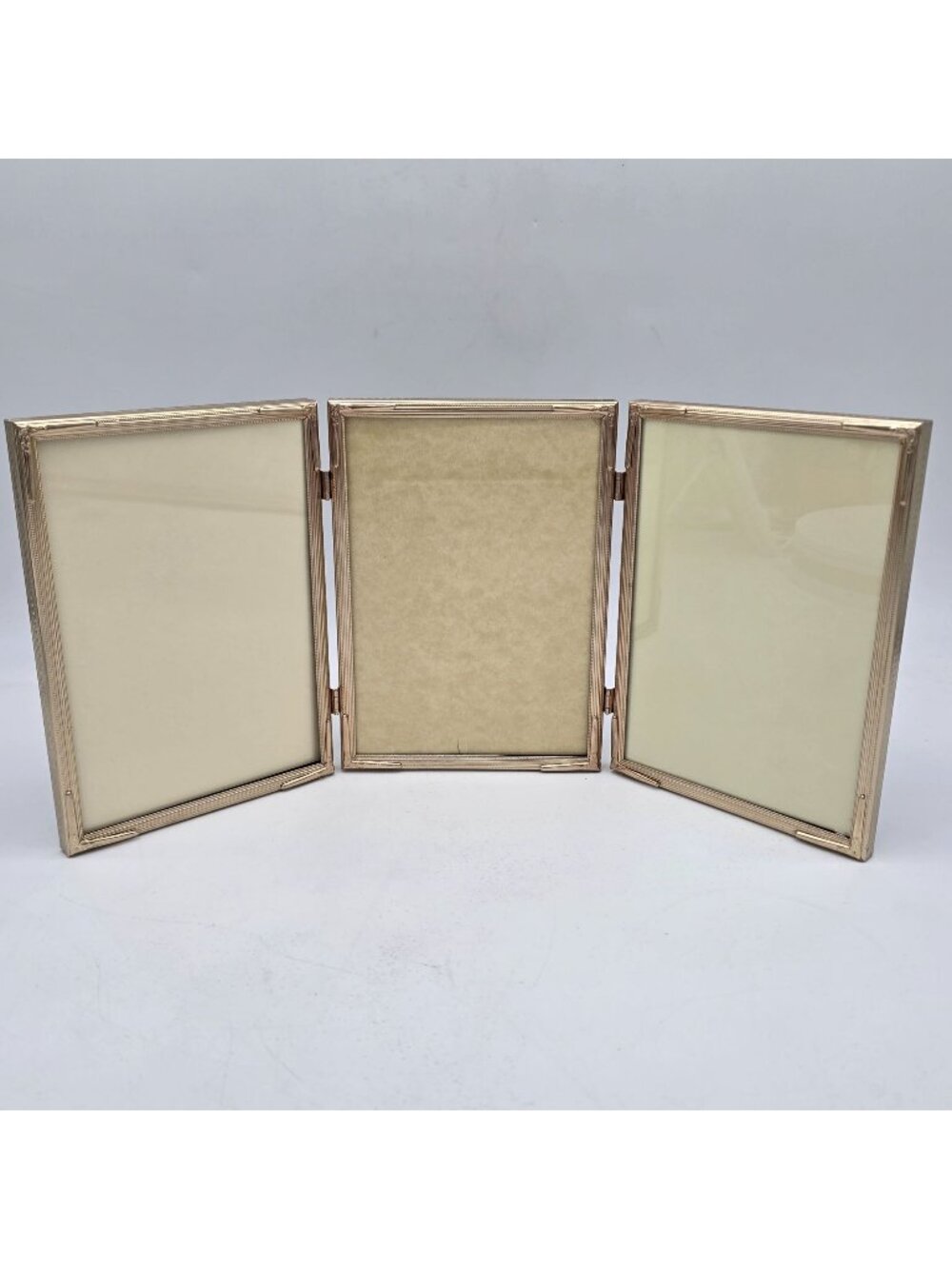 Gold-Toned Hinged Triple Picture Frame For 5x7 Photos Applied Corners Vintage
